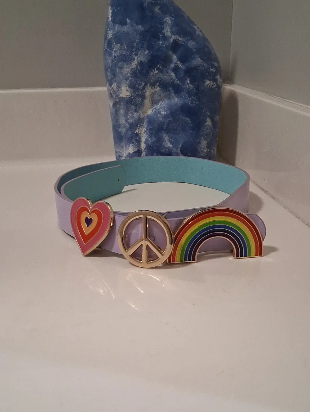 Reversible Lavender Blue Charm Belt with Rainbow Heart & Gold Peace Sign Buckles